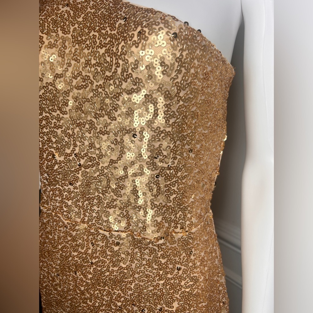 BCBGMAXAZRIA Women's Fit and Flare Floor Length Sequin Evening Gown Gold Sz.L - Picture 14 of 16